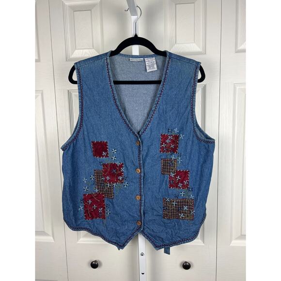 Vintage Bobbie Brooks Jean Denim Patchwork Floral Embroidered Vest Large Boho - Picture 4 of 8